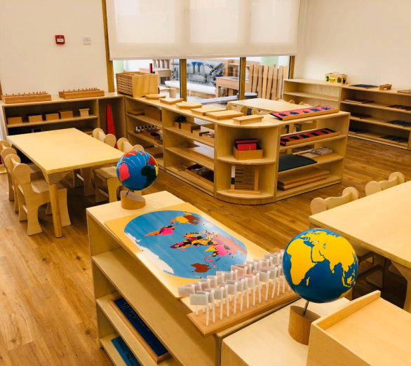 A wooden floor in a classroom.