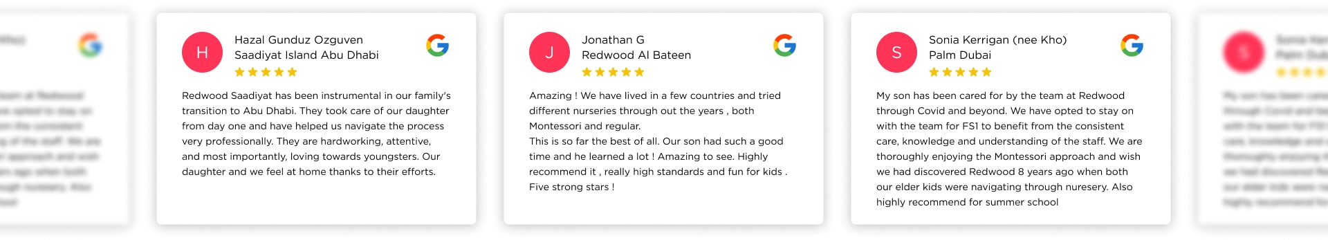 Four different types of reviews are displayed on a screen.