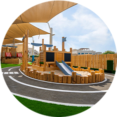 Outdoor playground with wooden structures, a slide, blackboards, and surrounding fencing under shade canopies, set on artificial turf with a track-like path.