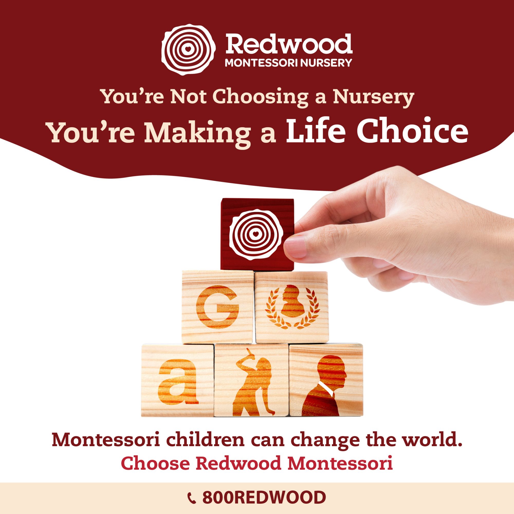 A hand places a block with the Redwood Montessori logo atop four wooden blocks featuring educational icons, with promotional text for Redwood Montessori Nursery.