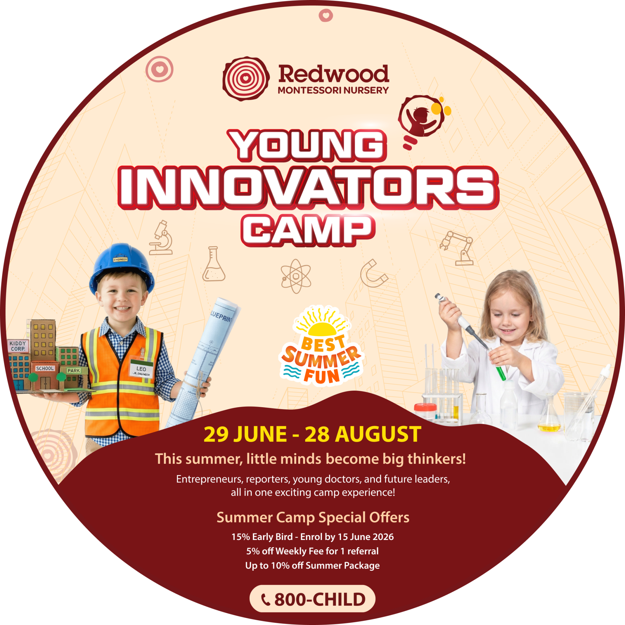 Circular flyer for Redwood Montessori Nursery's Young Innovators Camp, featuring two children with STEM toys. Camp runs 29 June–28 August with special offers and contact number 800-CHILD.